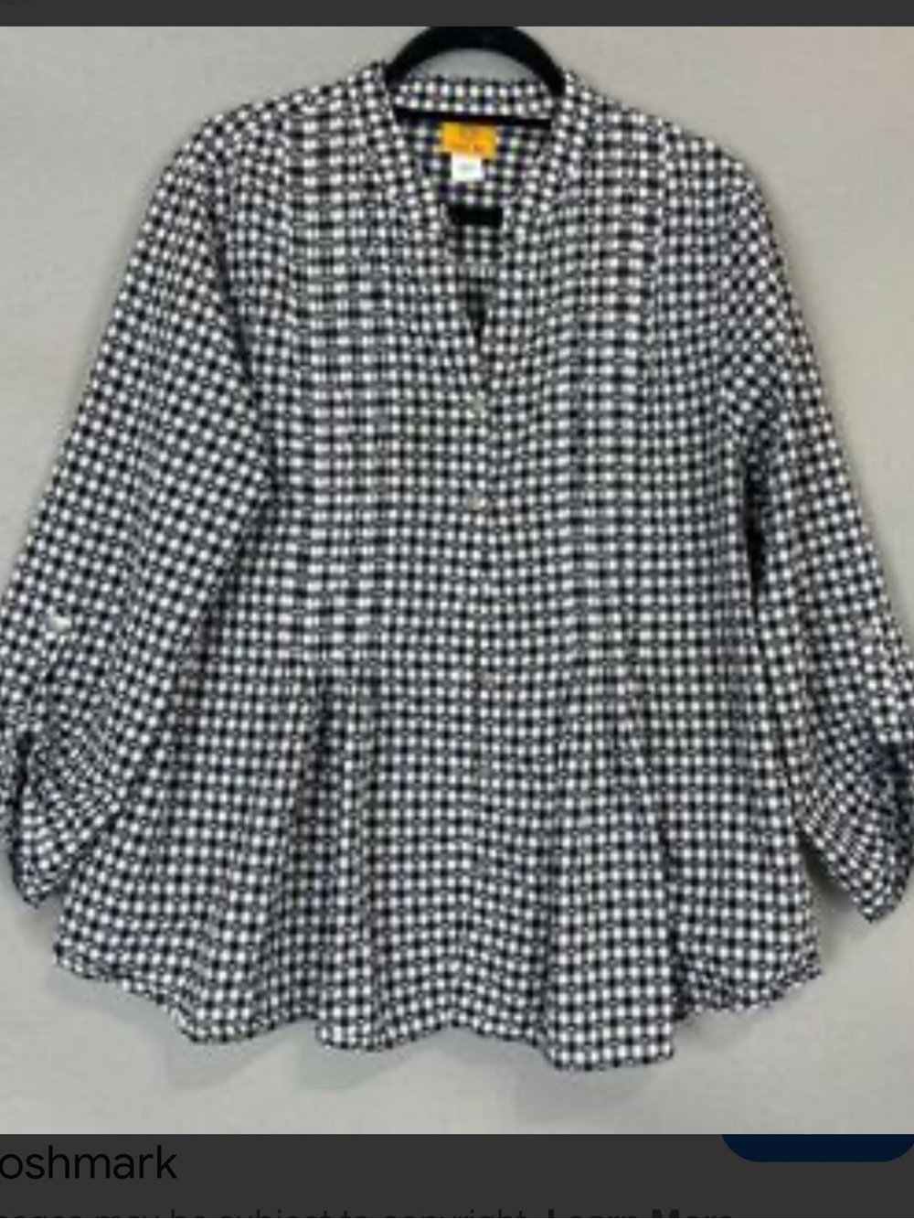 Ruby Rd. blouse  black & white gingham check & roll-tab sleeves Sz Lg